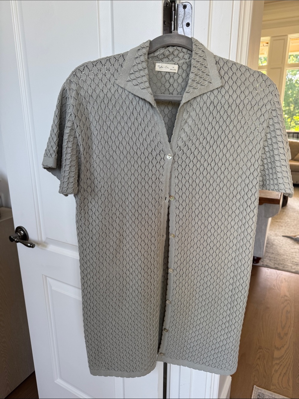 Rylee + Cru Short-Sleeve Button-Down crochet shirt Dress in seafoam fits XS/S
